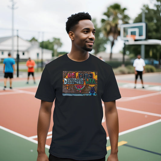 Man wearing a black t-shirt with colorful graphic design on a basketball court
