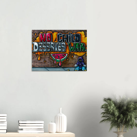 Graffiti-style artwork with text 'No Child Deserves War' on a wall above a shelf with decorative items.