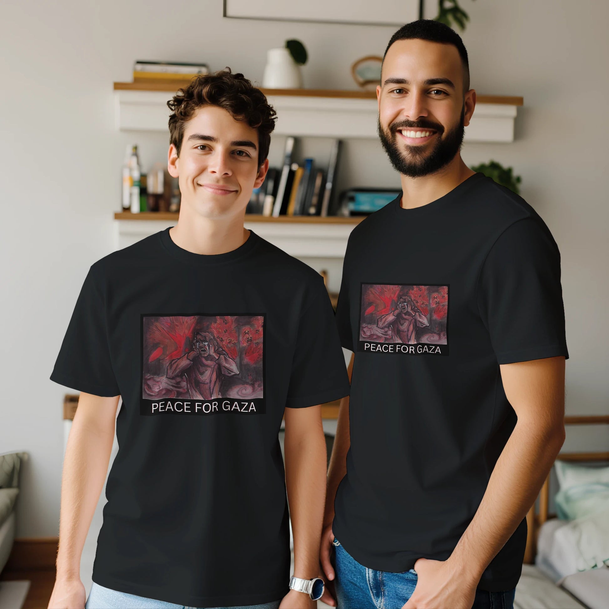 Two activists standing up for Gaza with our "Peace for Gaza" shirts in black!